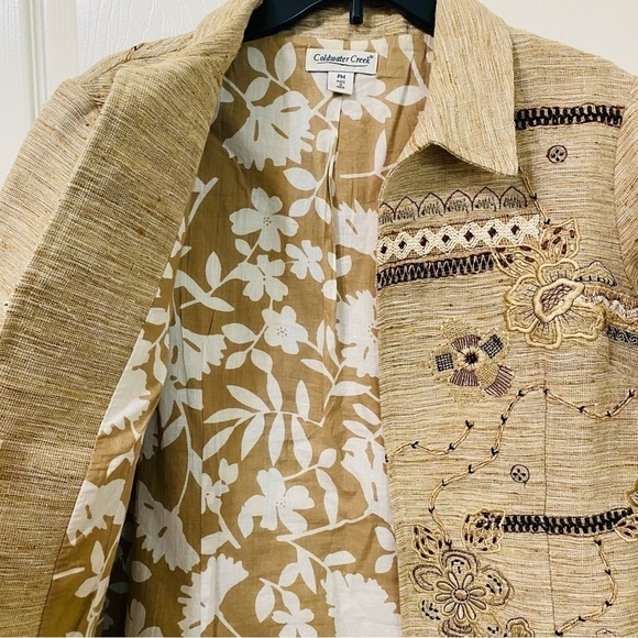 Coldwater Creek Size PM Linen Embroidered Floral Tan Button Up Lined Jacket - Picture 4 of 9